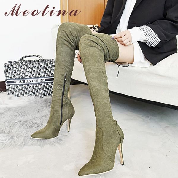 

boots meotina women over the knee thin super high heel pointed toe leopard print zipper lace up ladies 2021 winter, Black