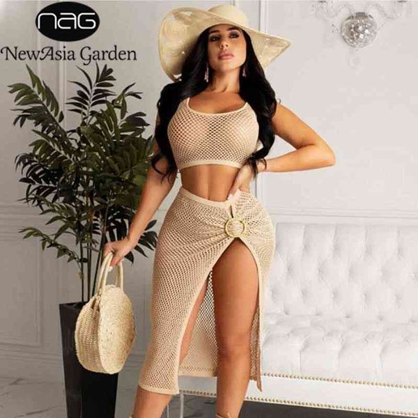 

newasia mesh two piece set women summer sleeeveless crop side split midi skirts set see through beach party clothing 210407, White