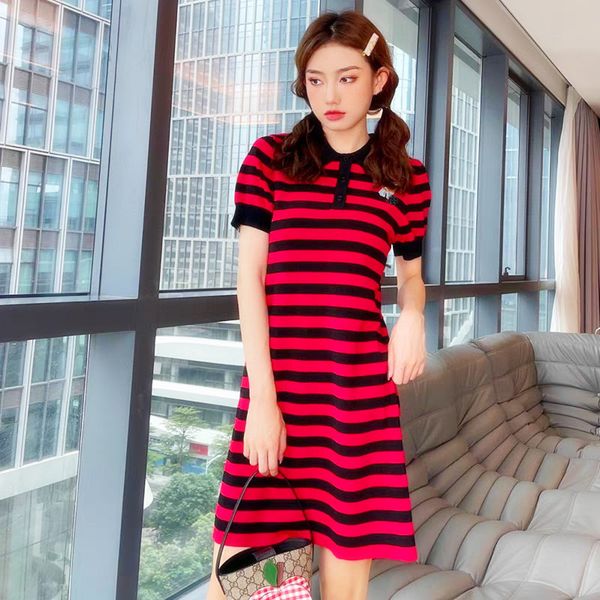 

summer new family stripe knitted dress lapel chest embroidery fashion high waist skirt, White