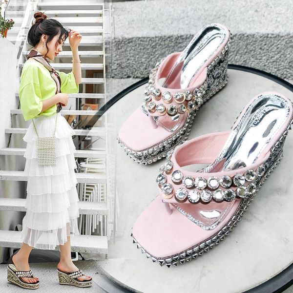 

slippers rhinestone sandal slides women summer flip flops sandals ladies wedge shoes size 40 zapatos mujer 2021 4821, Black
