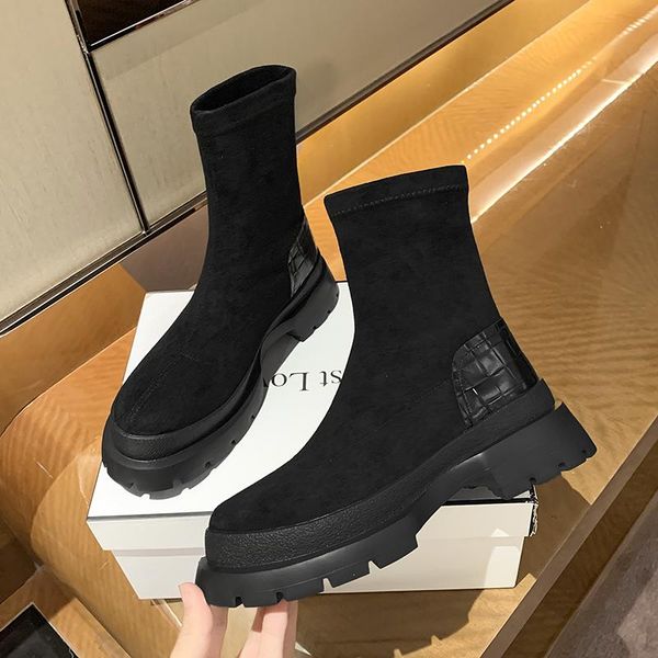 

boots women sock autumn platform gothic shoes short 2021 fashion high heel black flock ankle