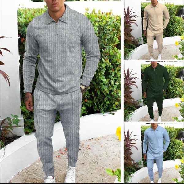 

men's tracksuits t/c fabric stripe shirt long section suit spring autumn casual sportswear mens lapel fashion fitness jogging, Gray
