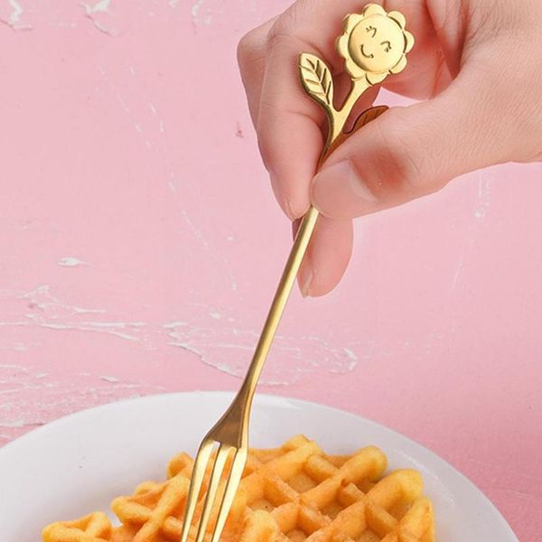 

forks coffee spoons sunflower fruit creative smile tableware boxs gold beautiful accessories n1 gift steel kitchen set u2y3