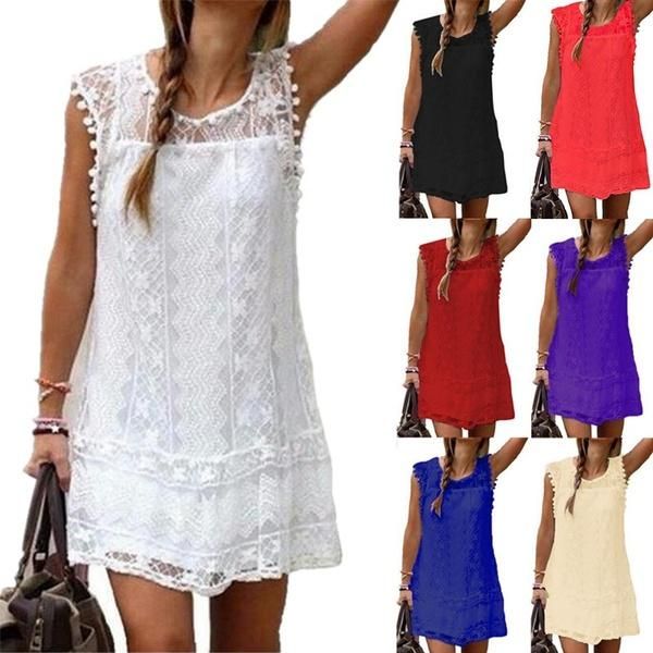 

casual dresses summer fashion women dress sleeveless hollow lace mini beach vest, Black;gray