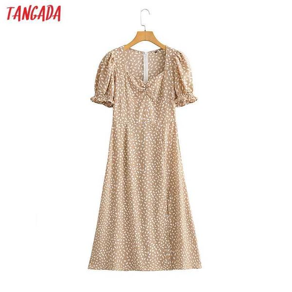 

tangada women khaki dots print french style dress puff short sleeve ladies midi dress vestidos ja82 210609, Black;gray