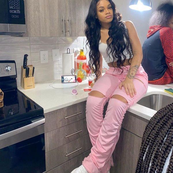 

hole high waist stacked women pants sweatpants joggers elastic summer skinny leggings bell bottom trouser flare ruched pant, Black;white