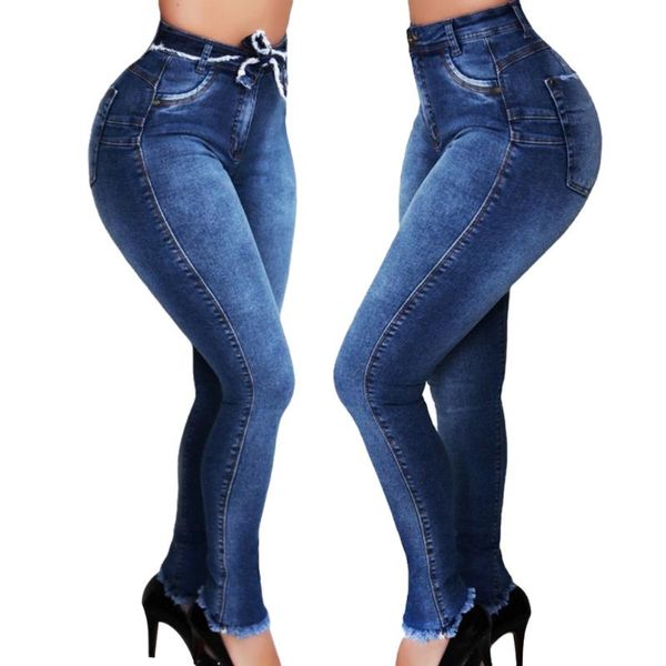 

women's jeans women stretch skinny washed denim female slim jeggings high waist lace up pencil pants trousers bushaping, Blue