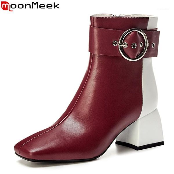 

boots moonmeek 2021 big size 33-42 genuine leather fashion square toe buckle ladies shoes 3 colors winter ankle woman1, Black