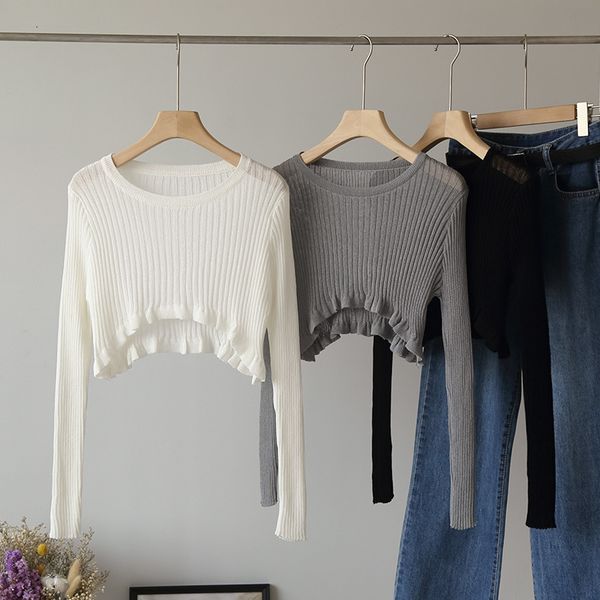 

wet round collar long sleeve sweater knitted or crocheted short solid, White;black