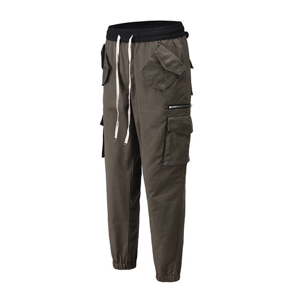 

high street multi-pockets drawstring cargo pants mens solid color straight baggy trousers harajuku boom feet casual pencil pants, Black