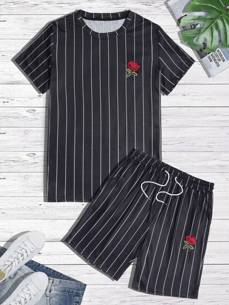 

men rose embroidered pinstriped tee & drawstring waist shorts 91pc#, Gray