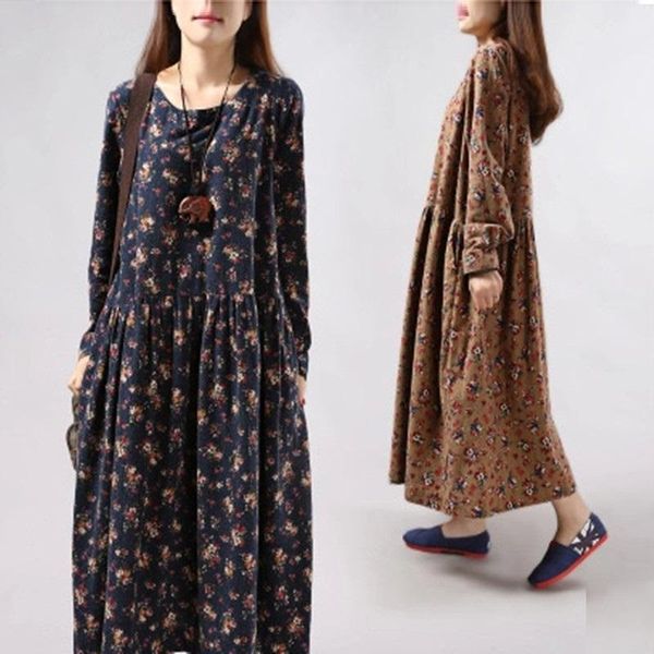 

casual dresses spring autumn women plus size fashion loose o-neck long sleeve print cotton linen dress for one-piece, Black;gray