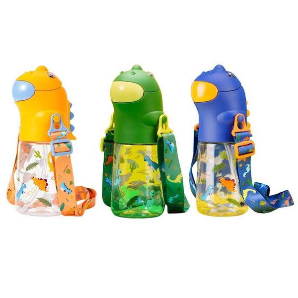 Y8AB 560 ml Cartoon Dinosaurier Kinder Wasserflasche mit Strohhalm Schultergurt Schulkessel 211013