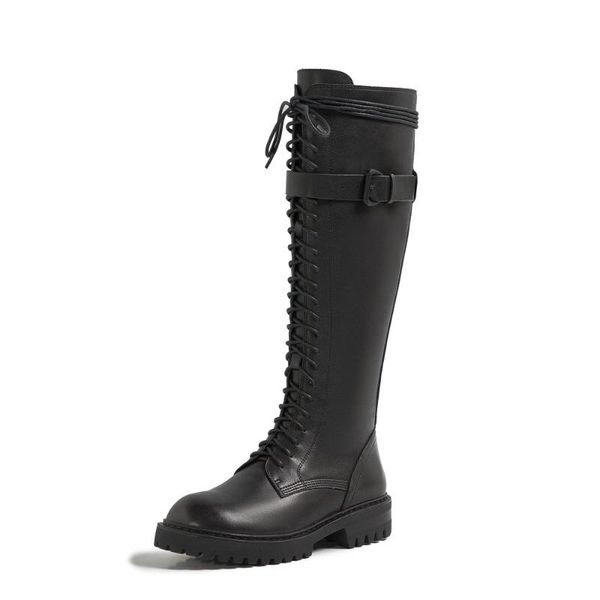 

boots autumn winter genuine leather women the knee lace-up female shoes size 34-43, Black