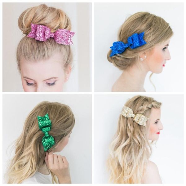 

hair accessories 12pcs/lot 3.75'' women girl big bow glitter clips bling shining kids hairpins sparkling headwear, Slivery;white