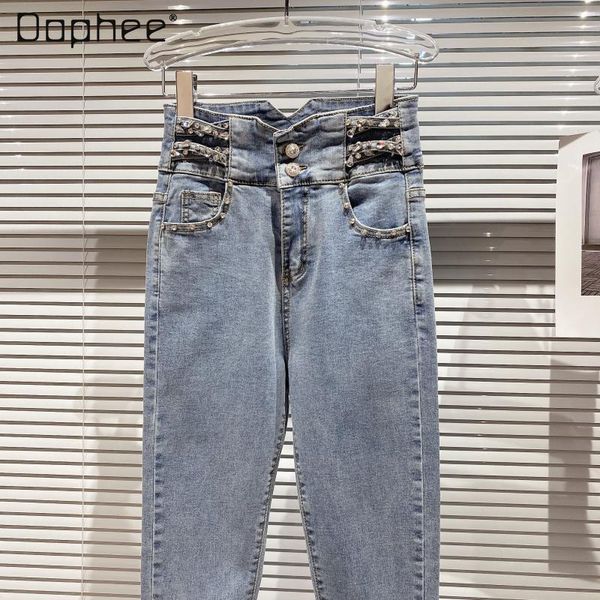 

female rhinestone lace-up high waist slim long pencil jeans women's spring skinny tight fit denim pants, Blue