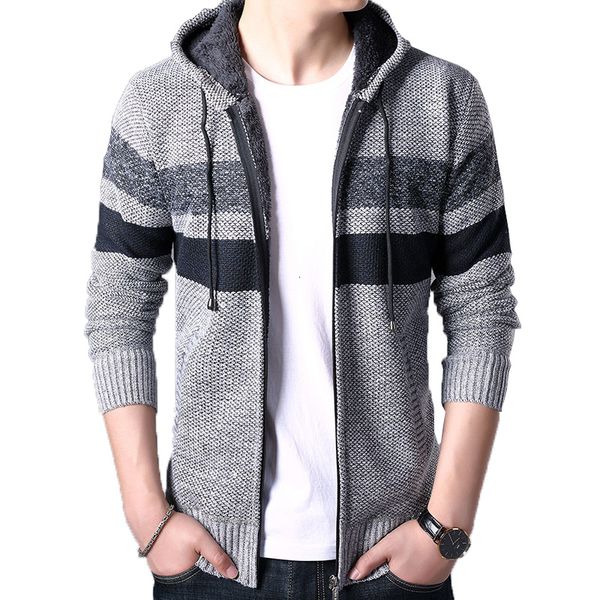 

men's jackets autumn men fleece cardigan sweater jumper mens winter fashion striped knit outwear coat male hooded coat 3xl v8le, Black;brown