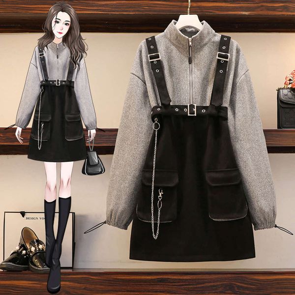 

casual dresses dress large size women's wear spring western style sweater fat sister fashionable slim age reduction two piece suit e9ug, Black;gray