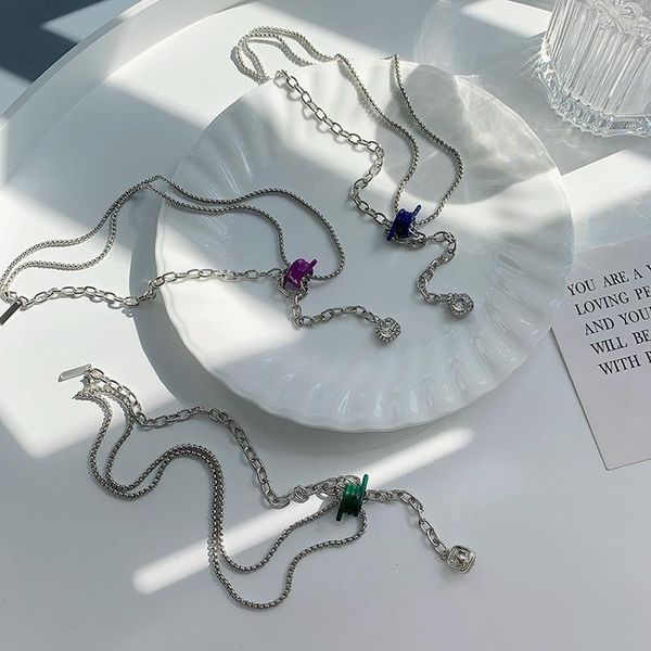 

pendant necklaces origin summer enamel blue green purple knotted buttons necklace for women asymmetry rhinestone chain jewelry, Silver