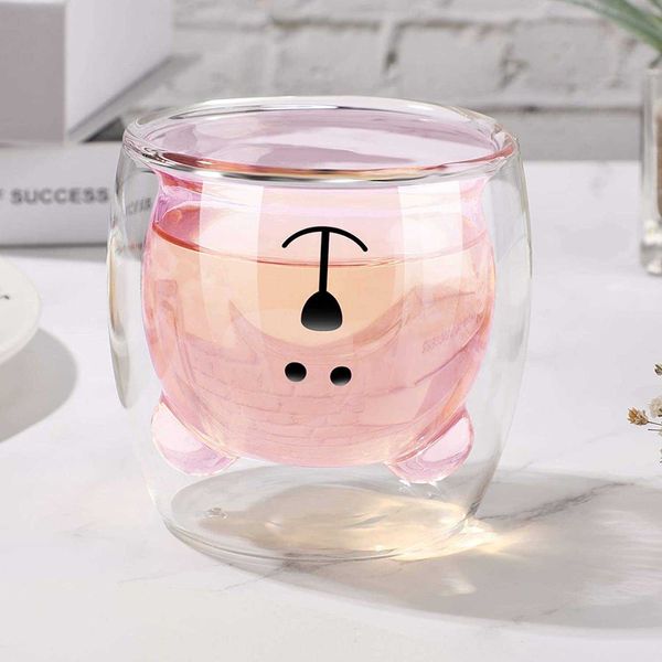 

bear tea cup coffee mug milk double wall glass cute cup present for women men valentine's day birthday, 250 ml (clear)