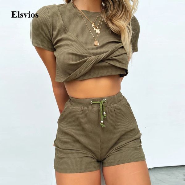 

bustiers & corsets casual twist ribbed t shirt and pocket shorts suit elegant spring women two piece sets summer short sleeve, Black;white
