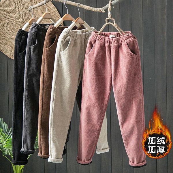 

women's pants & capris autumn winter warm corduroy harem women plus size retro trousers elastic high waist velvet mom loose straight, Black;white