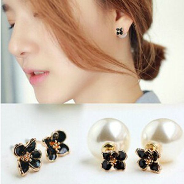 

new double-sided earrings temperament small flower pearl earrings, Golden