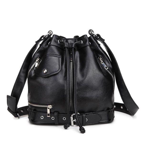 

rock style women shoulder bag punk rivet messenger bags pu leather handbags female designer motorcycle bucket totes black waist