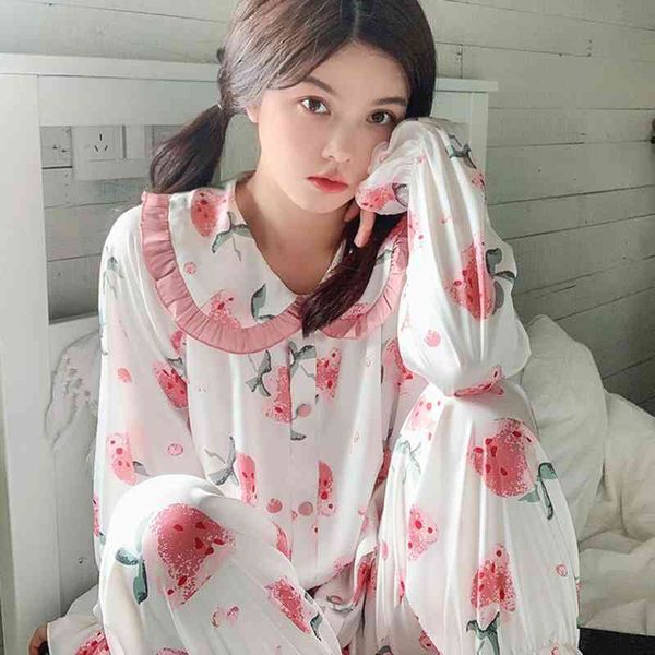 

women's sleepwear fall winter ladies pajama set comfort silk satin girls cute doll collar cartoon strawberry printed soft loose ho, Black;red