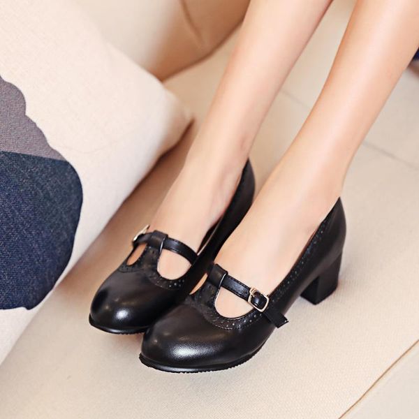 

big size 31-48 2021 spring & autumn solid fashion women med square heels buckle pumps 4 colors dress shoes, Black