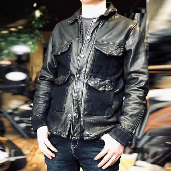 

fashion leather men's straight lapel hunting jacket, Black