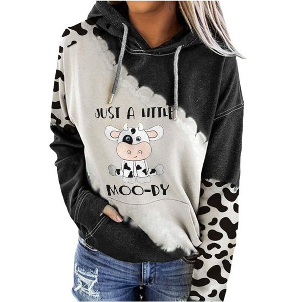 

women's hoodies & sweatshirts winter cow little moody print tie-dye autumn casual drawstring long sleeve loose pullover outwear, Black