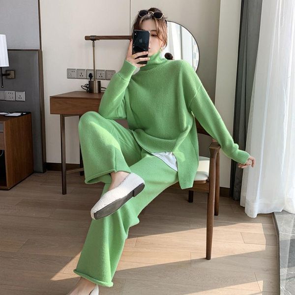 

women's two piece pants 2021 winter women knitting sweater pant set lady long sleeve turtlenck pullover wide leg suit female slim p79, White
