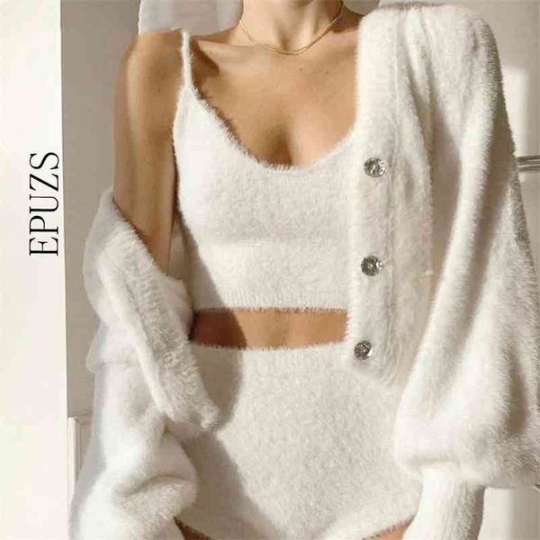 Damen-Cardigan, warmer Mohair-Pullover, langärmelig, gestrickt, weiß, abgeschnittener Pullover, sexy koreanischer Pullover 210521