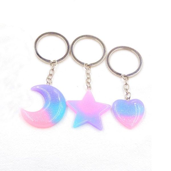 keychains resin keychain & keyring heart half moon star key bag pendant blue pink glitter chains cute romantic couples gift, Silver
