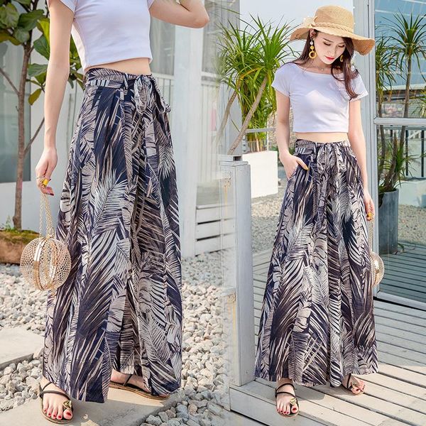 

casual beach pants bohemian wide leg women's chiffon printed & capris, Black;white