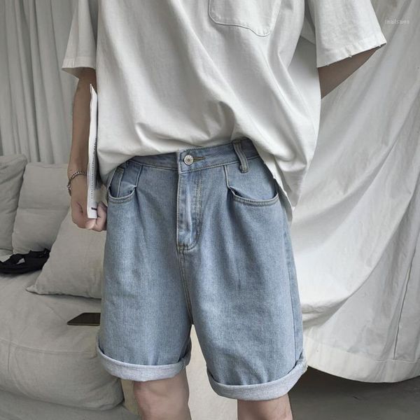 

men's shorts summer denim men korean fashion loose casual harajuku streetwear retro straight half pants, White;black