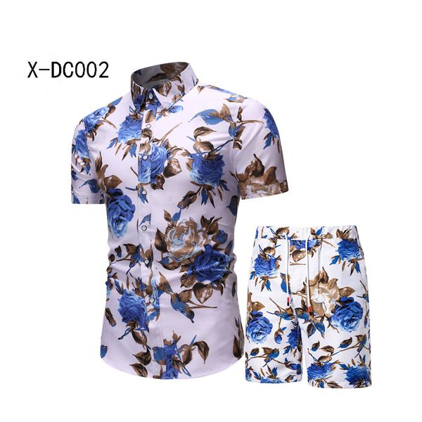 

2021 summer printed floral short sleeve shirt set men's, White;black