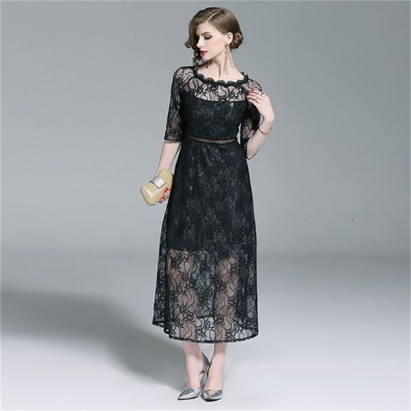 

casual dresses pleated lace dress work slim fashion hollow out party long women a-line vintage black vestidos h4a1, Black;gray