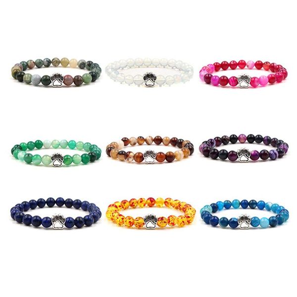 

charm bracelets 9 colors 6mm colourful natural stone beads dog cat footprint bracelet pet lover strench jewelry, Golden;silver
