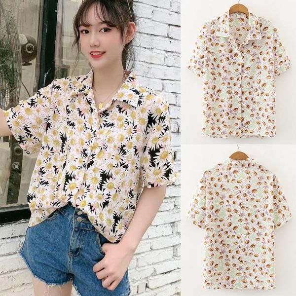 

fashion daisy print blouse shirt buttons beach style casual summer ladies female women short sleeve blusas pullover women's blouses, White