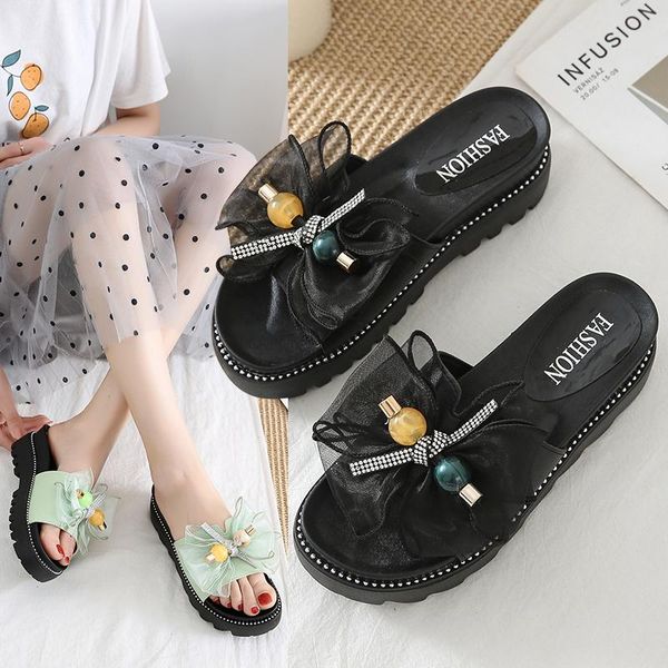 

flat shoes female womens slippers outdoor slides butterfly-knot platform fashion med flock pantofle luxury soft 2021 pu, Black
