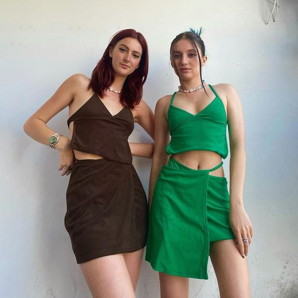 

fashion solid halter and mini skirt casual suit women sets 2021 summer backless retro y2k streetwear 2 piece outfits skirts, Black