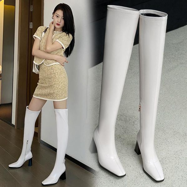 

boots square toe over the knee women's women slip on knee-high genuine leather shoes heel height(5cm-8cm)boot ladies, Black