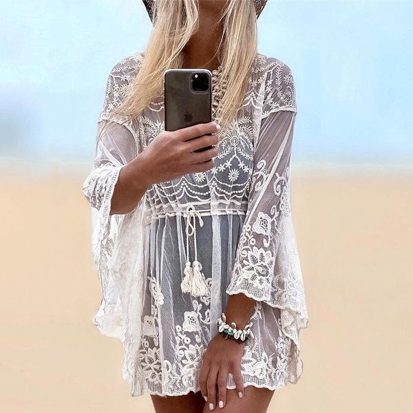 

women's swimwear 2021 style bat sleeve short lace seaside vacation beach sunscreen suit swimsuit and blouse bikini jacket women, White;black