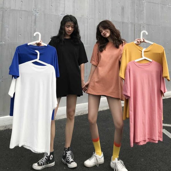 

women summer dresses elegant solid color short sleeve cotton t-shirts casual loose mini woman dress tee shirt basic mujer robes 210604, White