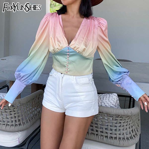

multicolor gradient blouse women lantern long sleeve v neck corset crop summer casual chiffon shirts streetwear 210709, White