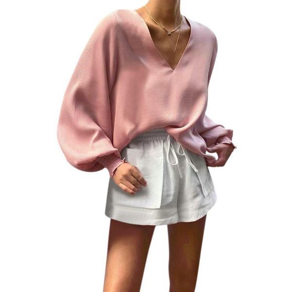 

women's t-shirt long lantern sleeve women knitted loose solid v-neck ice silk oversized female autumn winter basic shirt, White