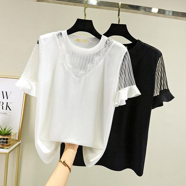 

plus size t-shirt nkandby summer women tshirt 2021 fashion korean mesh patchwork butterfly sleeve lace trim t shirt bottom, Black