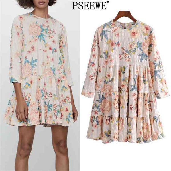 

spring vintage floral print mini dress women long sleeve ruffle short dresses woman casual loose ladies 210519, Black;gray